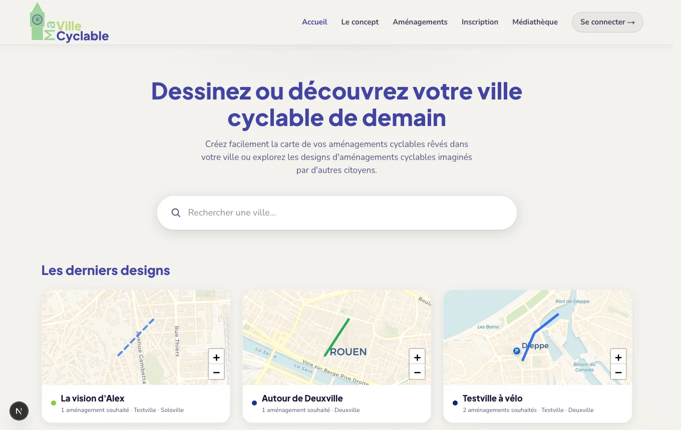 Page d’accueil de Ma Ville Cyclable avec la barre de recherche et la grille des derniers designs publiés