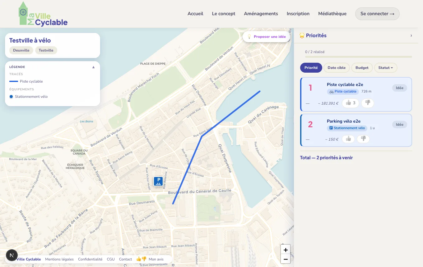 Vue publique d’un plan cyclable avec la légende à gauche et le panneau Priorités à droite